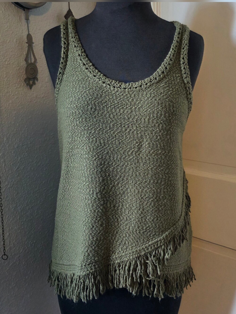Anthropologie Olive Green Knit Fringe Tank